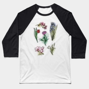 Spring Flowers set, Art Nouveau flower pattern, nature, Tulip, Iris, Cherry blossom, Primrose, Pastel, Watercolor style Baseball T-Shirt